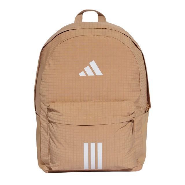 Brown Adidas backpack with white logo on a white background
