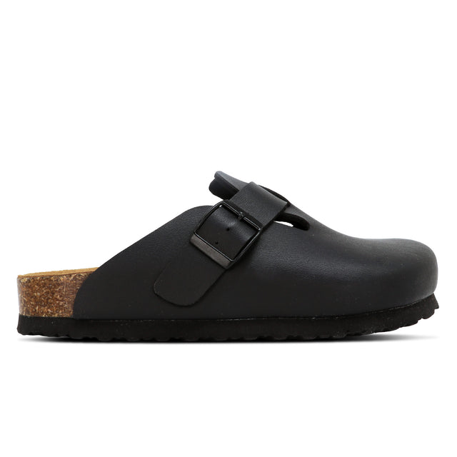 A black Outland sandal with a microfiber/suede upper and a cork-like sole, buckle closure