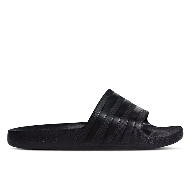 A pair of black Adidas Adilette Aqua sandals with the brand's logo and signature three stripes visible.