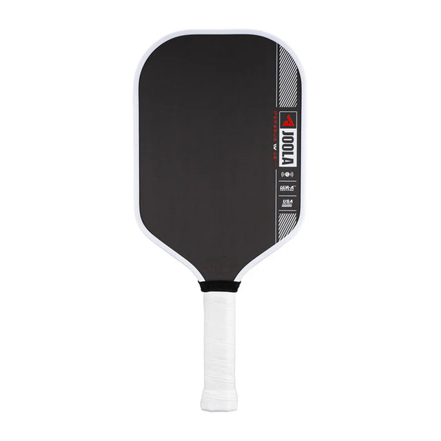 Black pickleball paddle with white handle on a white background