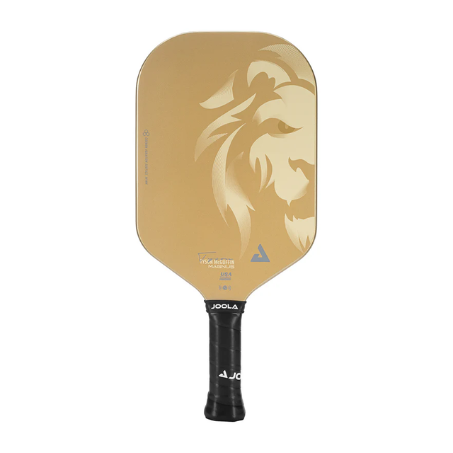 Gold pickleball paddle with lion design on a white background