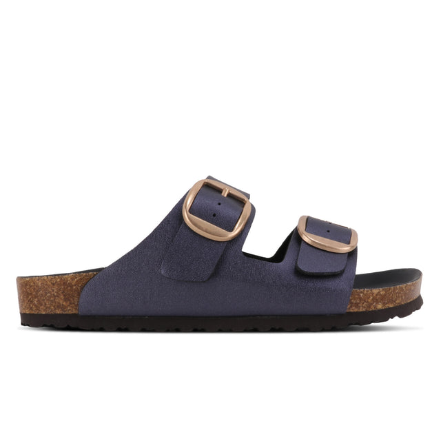 A navy blue Outland sandal with microfiber upper and leather lining, featuring two buckles and a cork sole.
