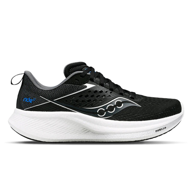 Saucony Ride 17 Black and white running shoe with Saucony logo on a white background