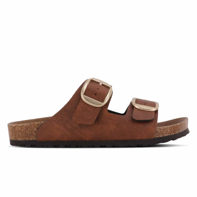 A pair of brown Outland Miami sandals with adjustable buckle straps and a flat sole.