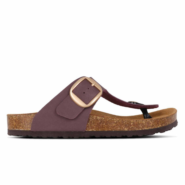A maroon and brown Outland sandal with microfiber upper and leather sole.