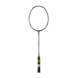 A black and silver badminton racket with strings and a handle.
