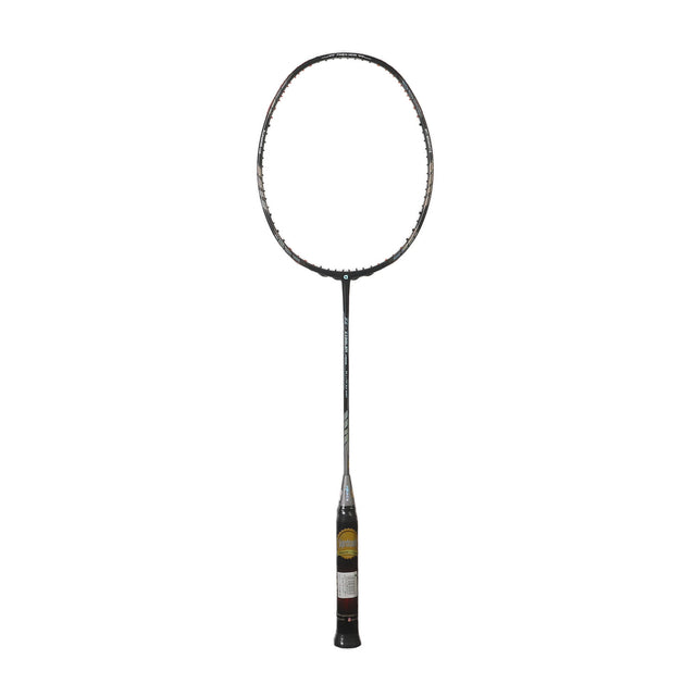 A black and silver badminton racket with strings and a handle.