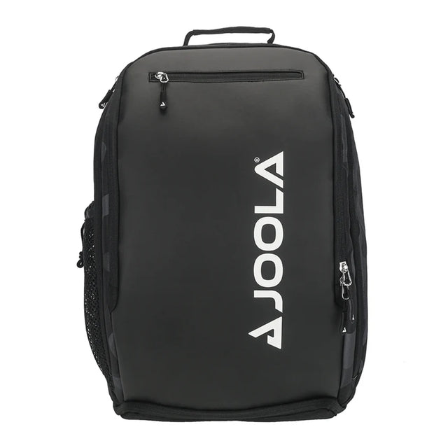 Black backpack with a visible brand logo on a white background
