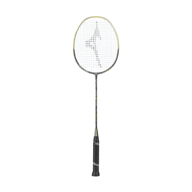 The Mizuno JPX 8 Zoom badminton racket with a gunmetal frame and black grip.