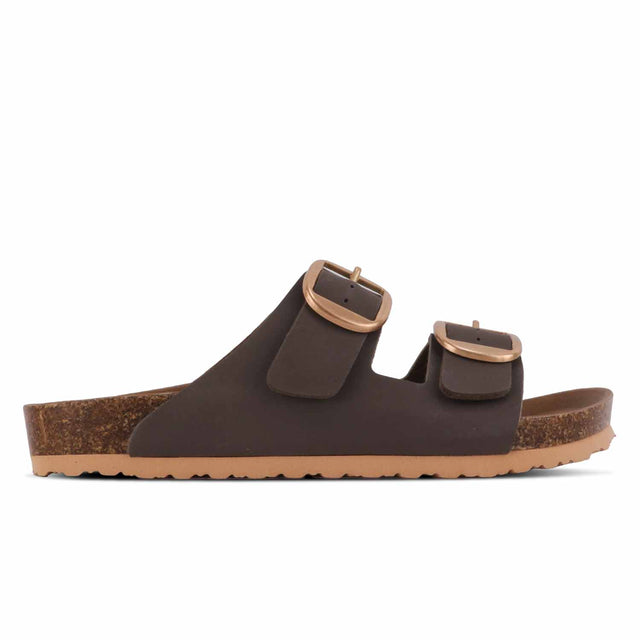 A pair of brown Outland sandals with adjustable buckle straps and a flat sole.
