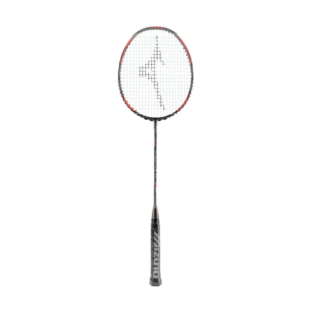 A black and silver Mizuno Powerblade 591 badminton racket with red accents, displayed against a white background.