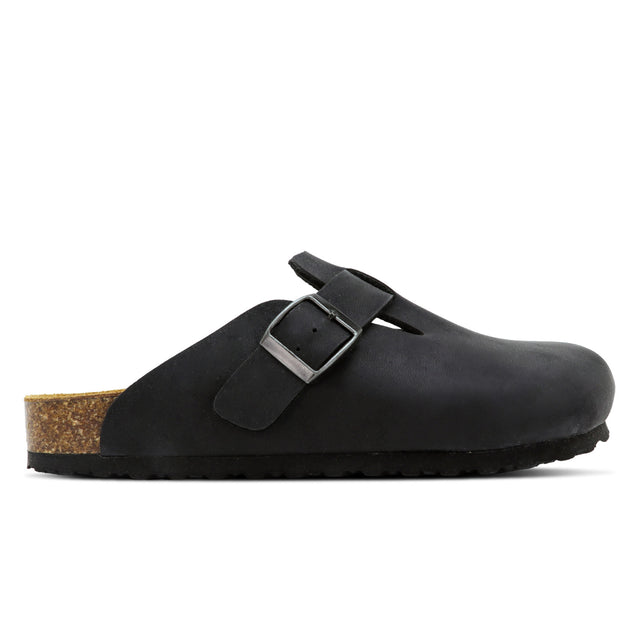 A black microfiber upper Outland sandal with a buckle strap and cork-like sole.