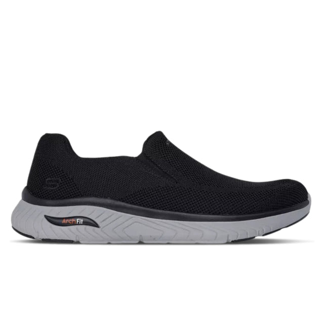 Black slip-on sneaker with a white background