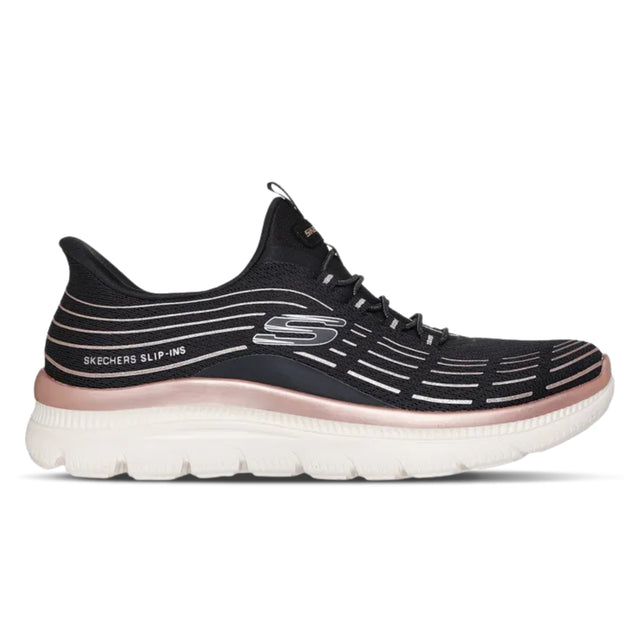Black running shoe with pink sole on a white background