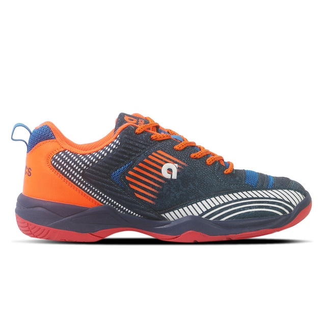 A pair of Yonex CP255 badminton shoes with navy and orange color scheme, featuring a synthetic leather upper, a synthetic resin midsole, and a rubber outsole for traction on indoor courts.