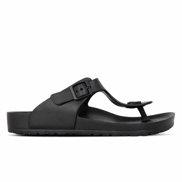 A black slipper with a thong strap and a buckle closure, featuring a flat sole.