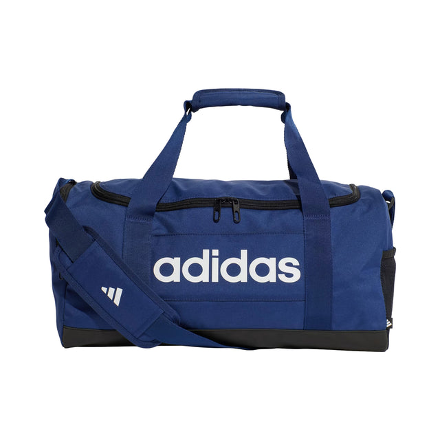 Blue duffel bag with Adidas logo on a white background