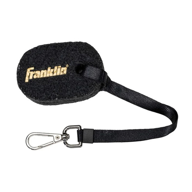 Black foam earplug with strap and Franklin logo on a white background