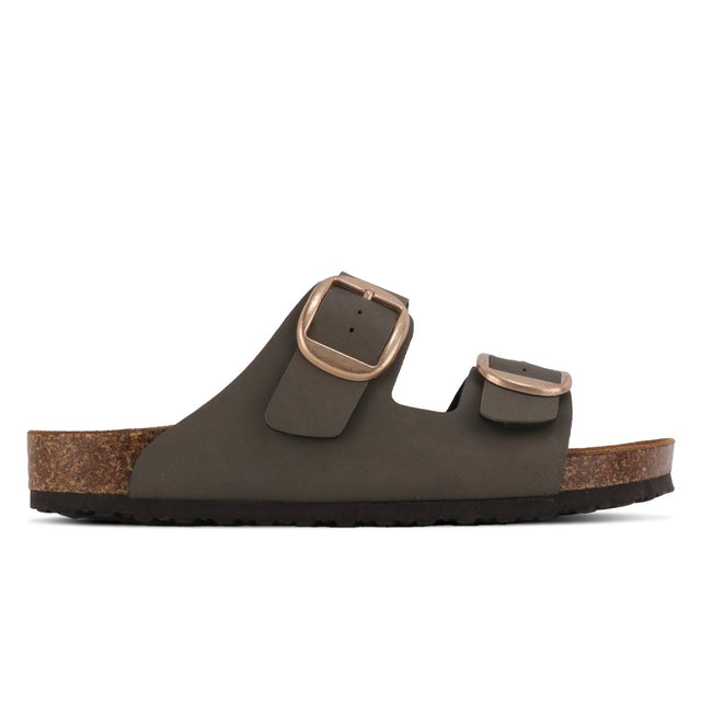 A brown microfiber sandal with leather lining and EVA sole, featuring two buckles and a cork-like design on the sole.