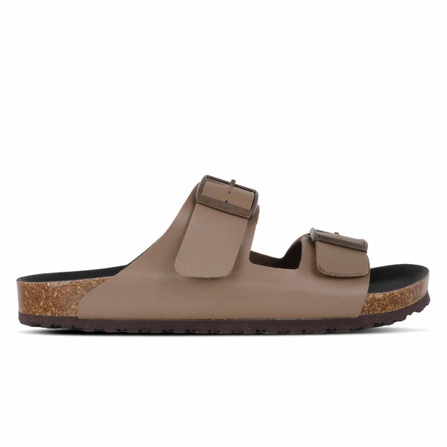 A pair of brown Outland Jacksonville sandals with adjustable buckle straps and a cork-like sole.