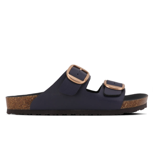 A navy blue Outland sandal with adjustable buckle straps and a flat sole.