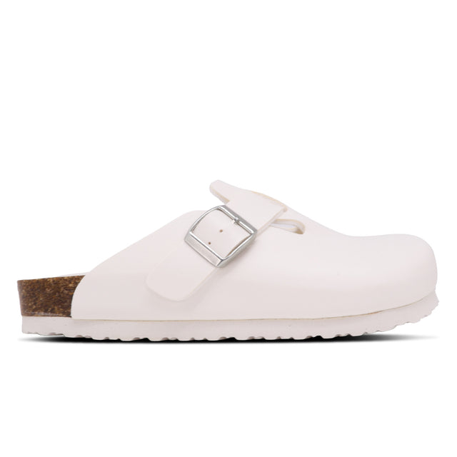 A white slipper with a buckle strap and flat sole, displayed against a plain background.