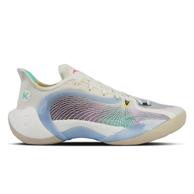 A pair of ANTA Men's Klay Thompson KT 3 Point Rain Basketball Shoes in white and grey with multicolored accents.