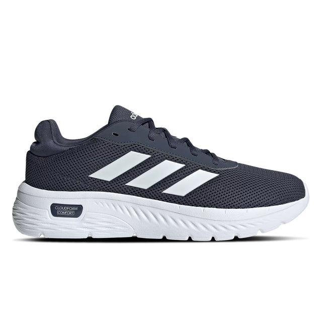 A pair of Adidas Cloudfoam Comfy sneakers in shadow navy and cloud white colors with the iconic 3-Stripes.