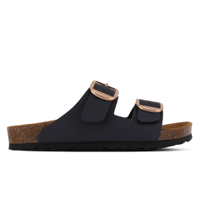 A navy blue sandal with adjustable buckle straps and a flat sole, designed for women.