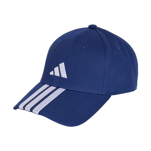 Blue cap with white stripes and Adidas logo on a white background