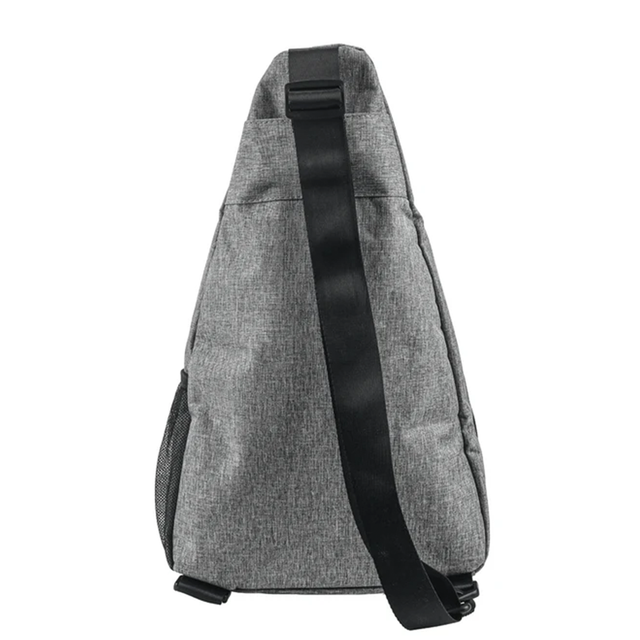 Gray sling bag with a black strap on a white background