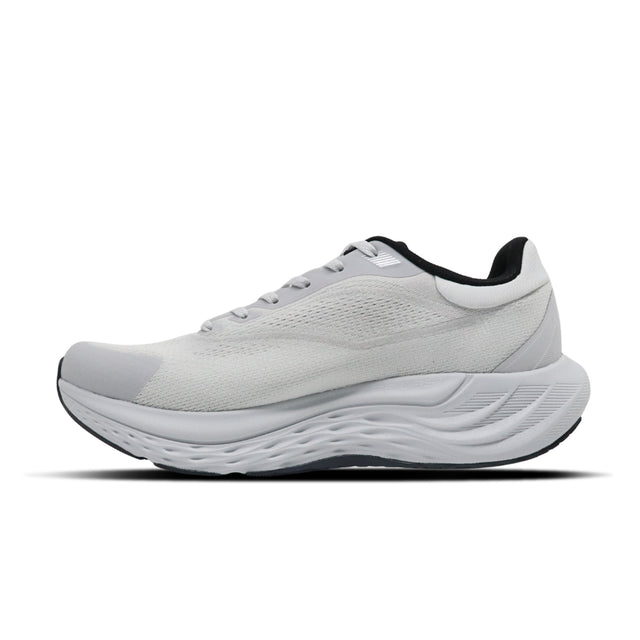 White running shoe with black accents on a white background
