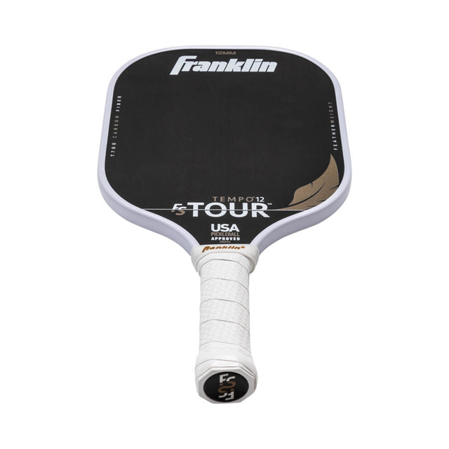 Black and white pickleball paddle with Franklin Sports branding on a white background