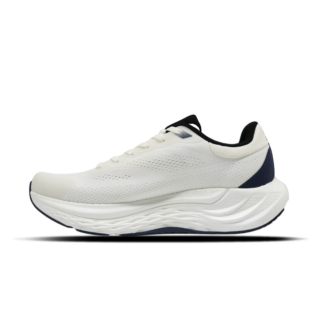 White running shoe with black accents on a white background