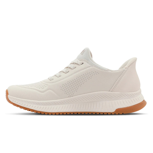White running shoe with brown sole on a white background
