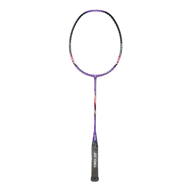 Unstrung Yonex Nanoflare badminton racket with purple, red, and gray colors