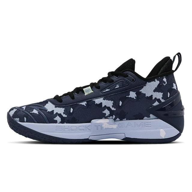 Navy and white camouflage sneaker on a white background