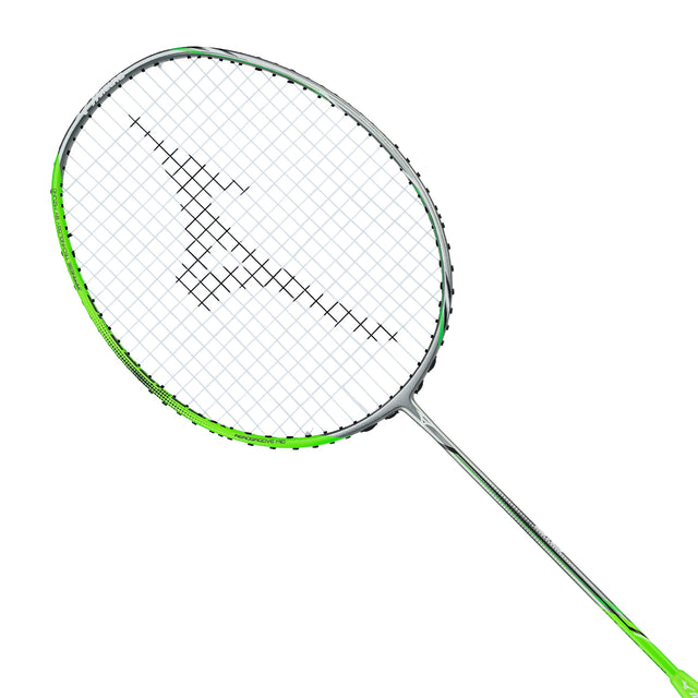 Mizuno Speedflex 9.0 Feel Badminton racket with green frame and silver strings on a white background