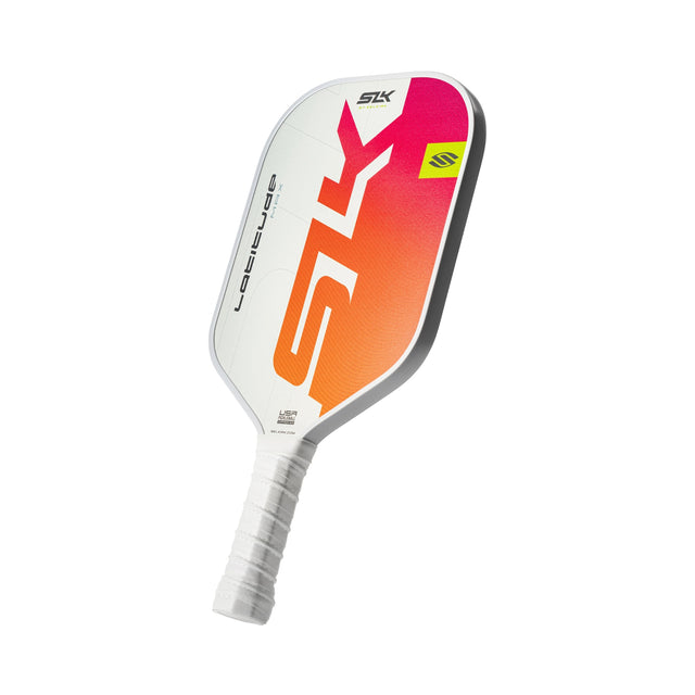 Pickleball paddle with pink and orange design on a white background