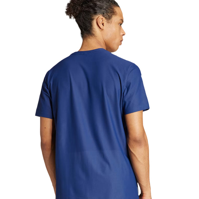 Person wearing a blue t-shirt on a white background
