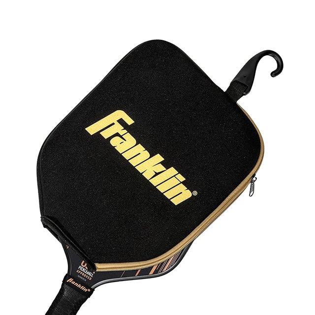 Black pickleball paddle case with yellow Franklin logo on a white background