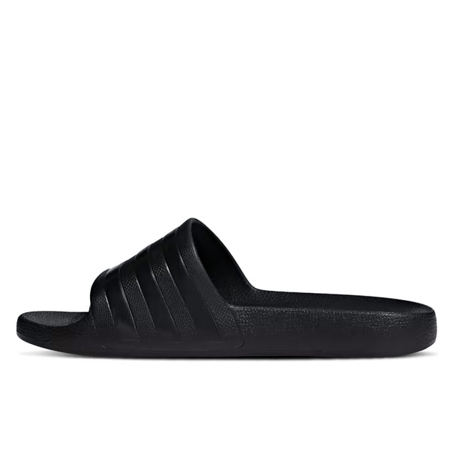 A pair of black Adidas Adilette Aqua sandals with the brand's logo and signature three stripes visible.