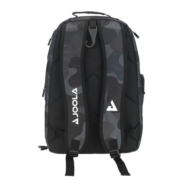 Black and gray camouflage backpack with visible brand logo on a white background