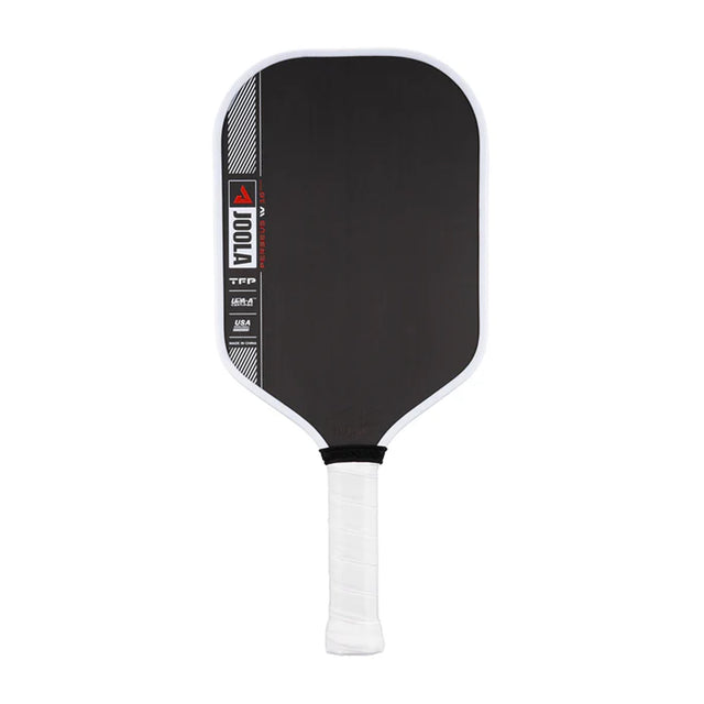 Black pickleball paddle with white handle on a white background
