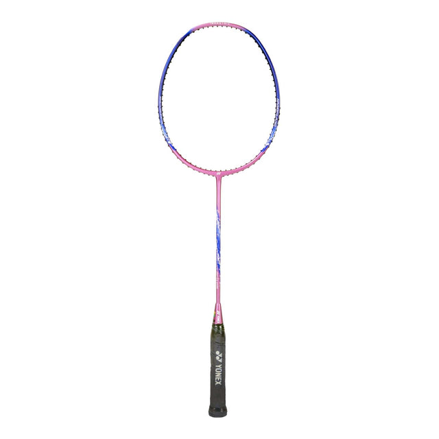 Unstrung Yonex badminton racket with a blue and pink frame, and a black grip.