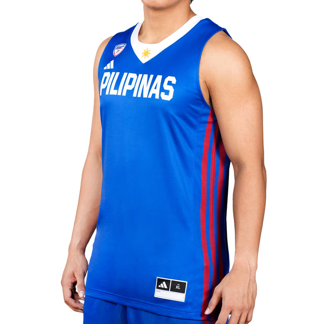 Blue sleeveless sports jersey with 'PILIPINAS' text and Adidas logo on a white background