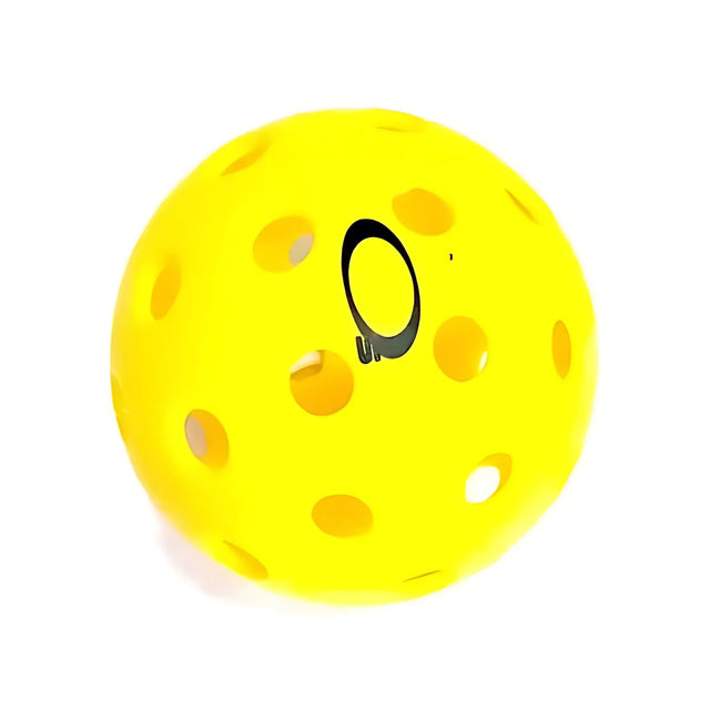 Yellow pickleball with a black logo on a white background