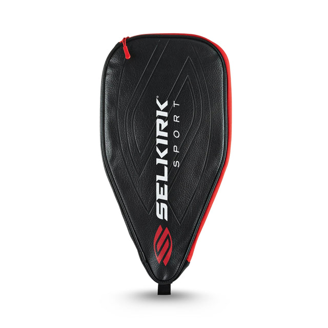 Black and red Selkirk Sport racket cover on a white background