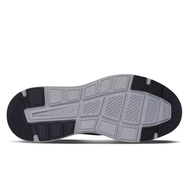 Sole of a black and gray athletic shoe on a white background