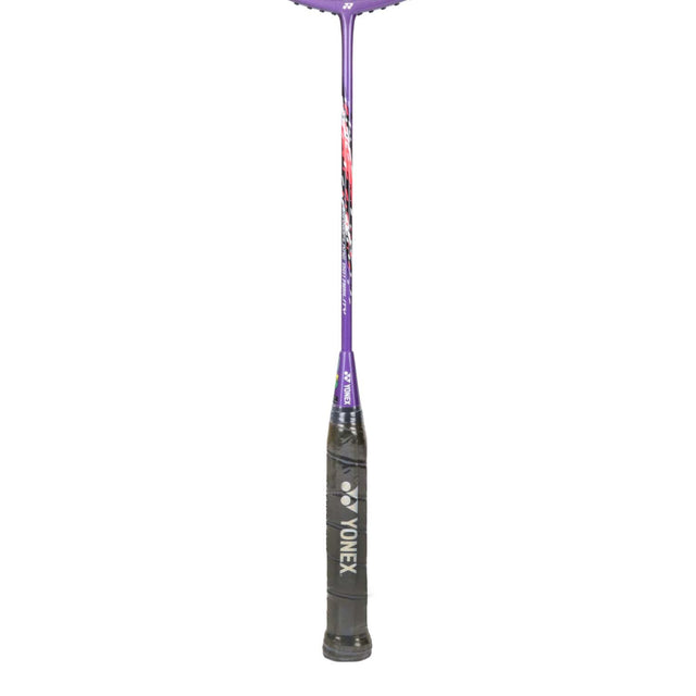 Unstrung Yonex Nanoflare badminton racket with purple, red, and gray colors